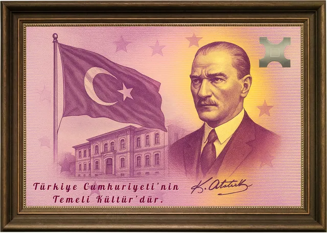 TA-HB-019 · Pembe Tonlarda Atatürk ve Bayrak – Halı tasarımı 019
